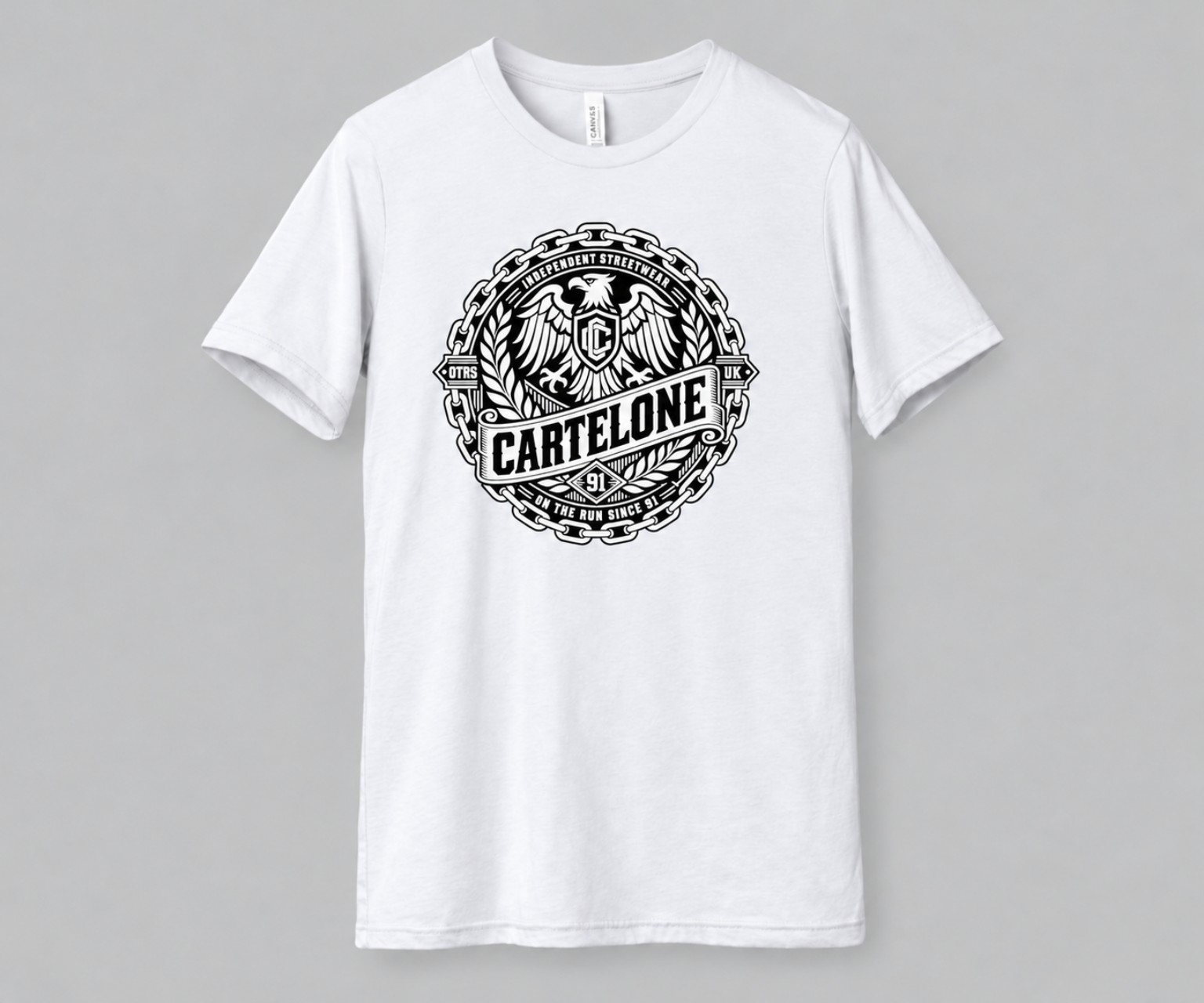 White CARTELONE T-shirt with black-and-white Eagle Crest logo